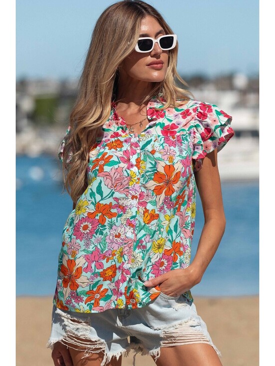 Tops - Floral Print Short Sleeve Button-Up Blouse with Ruffle Collar [COPY]